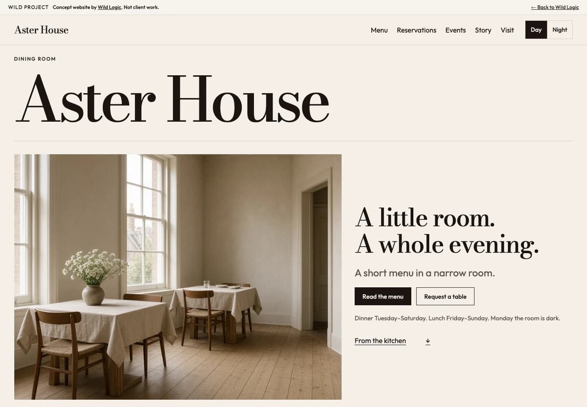 Aster House concept homepage, a fictional restaurant site.