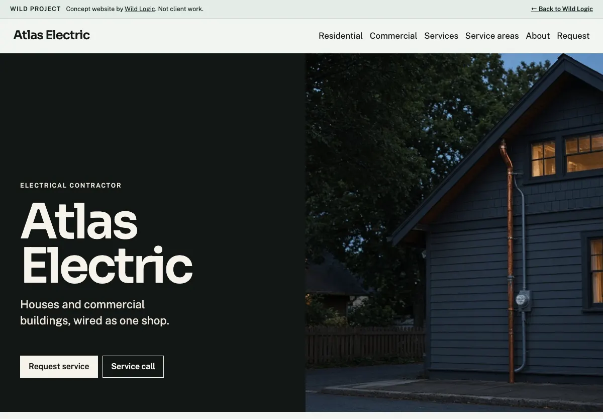 Atlas Electric concept homepage, a fictional electrical contractor site.