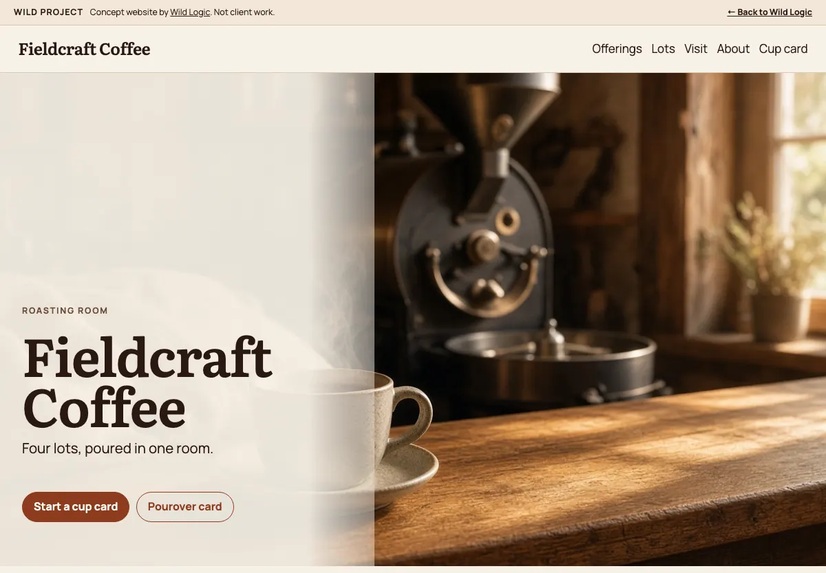 Fieldcraft Coffee concept homepage, a fictional roaster site.