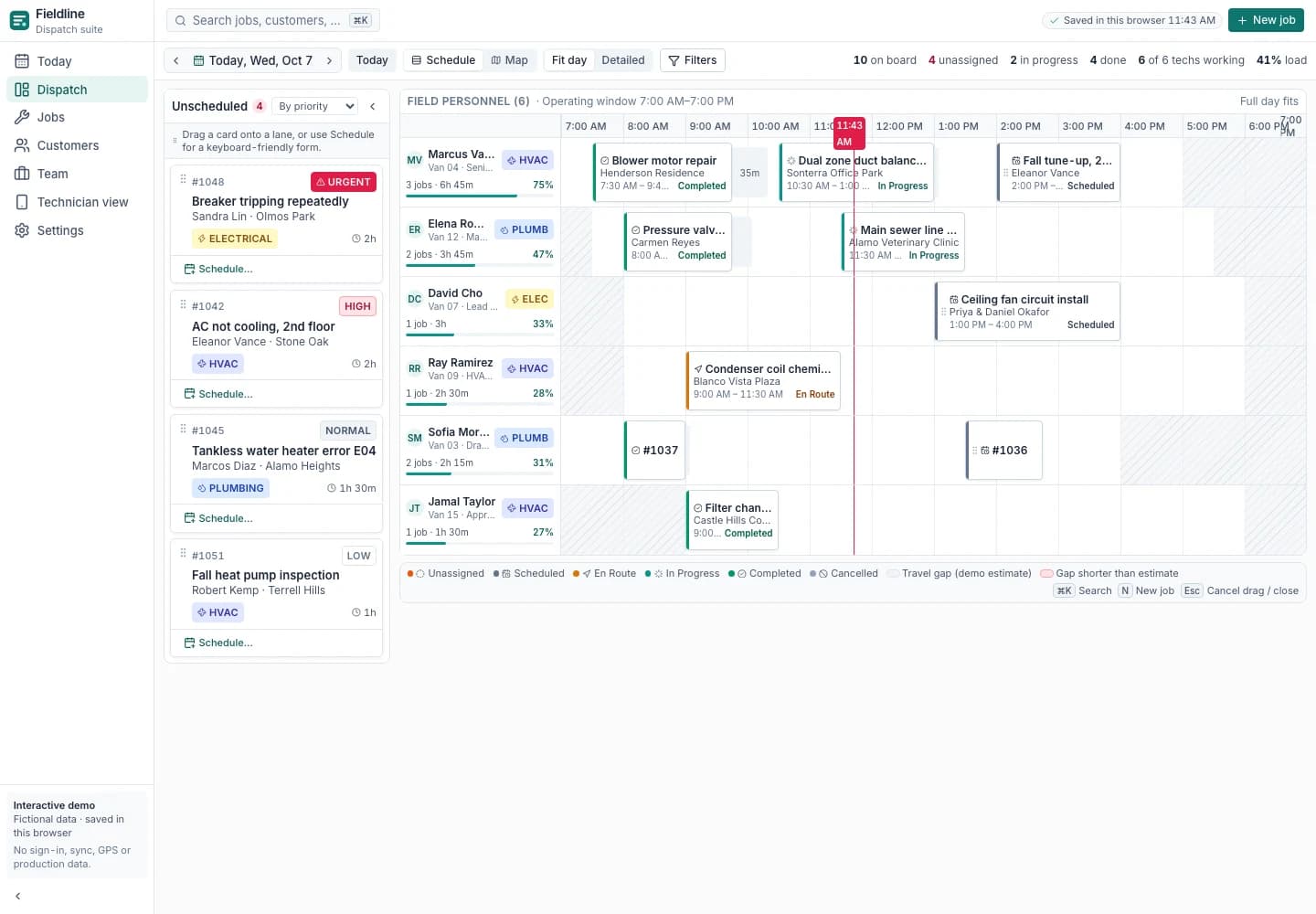 Fieldline fictional dispatch demo, showing technician schedules, an unscheduled queue, and job status.