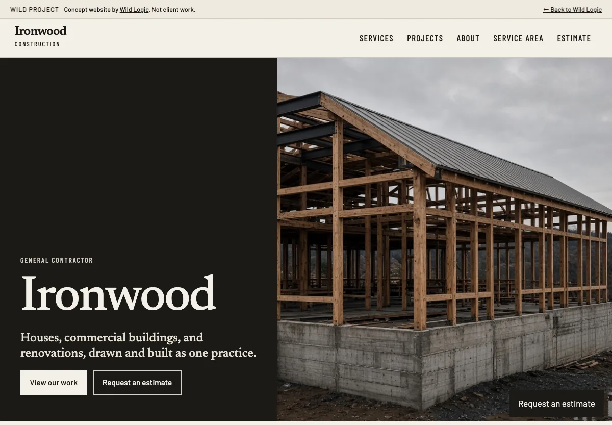 Ironwood Construction concept homepage, a fictional general contractor site.
