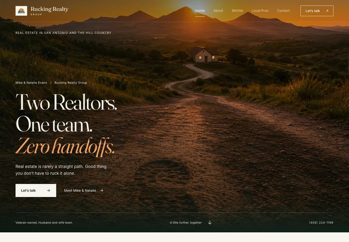 Rucking Realty Group homepage, with a sunset landscape and large editorial typography.