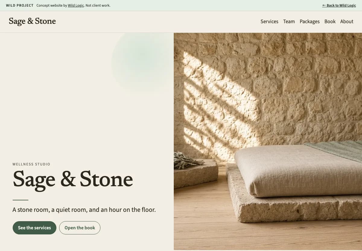 Sage and Stone concept homepage, a fictional wellness studio site.